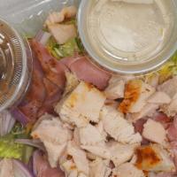 Chicken Salad Salad · Home made chicken salad, mixed green, carrots, tomato, cucumbers, and balsamic vinaigrette d...