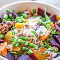 Beet Salad (Sm) · Roasted beets, green beans and arugula in a lemon vinaigrette, topped with honey goat cheese...