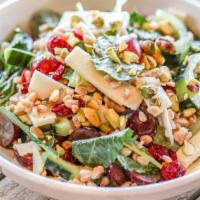 Kale Salad (Lg) · Baby kale, farro, grapes, pistachios, picante provolone, cucumbers and cranberries in a cham...