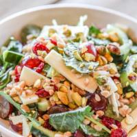 Kale Salad (Sm) · Baby kale, farro, grapes, pistachios, picante provolone, cucumbers and cranberries in a cham...