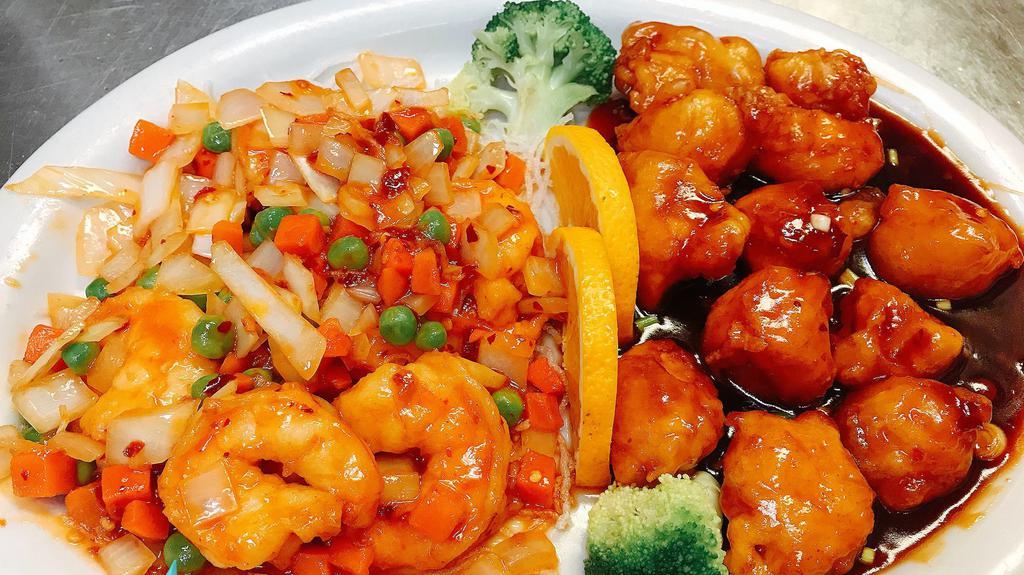 Dragon & Phoenix · General Tso's chicken on one side, jumbo shrimp with chili pepper on the other side. Hot and spicy.