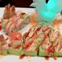 Green River Roll · 10 pieces. Spicy tuna, avocado, and shrimp tempura wrapped with green soybean paper.