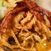 Fully Loaded Smash · pressed with bacon bits, cheddar cheese,  applewood smoked bacon, crispy onions, lettuce, to...
