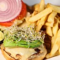 Pat Tillman Powerhouse · turkey burger, Swiss cheese, avocado, sprouts, lettuce, tomato, onion, honey mustard