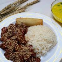Sesame Beef · Comes with steamed rice or fried rice, one side, one beverage, or a soup.