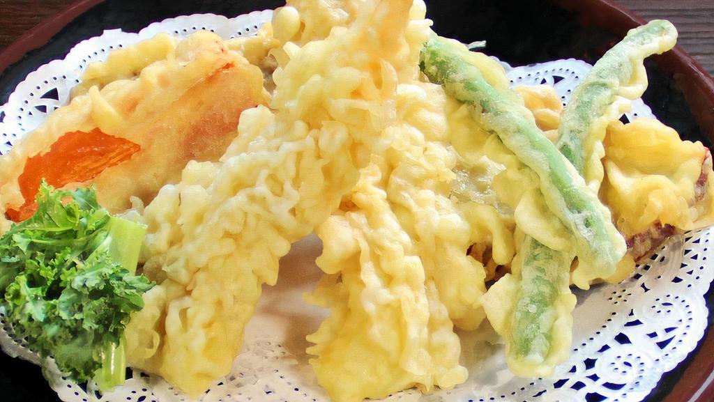 Mixed Tempura · Lightly battered shrimp (two pieces) and vegetables (eight pieces).
