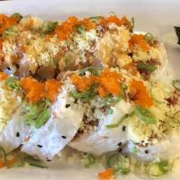 King Kong Roll · Tempura shrimp, spicy crab, spicy tuna, grilled asparagus, cream cheese, avocado wrapped wit...