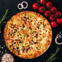 Vegetarian Pizza  · Tomatoes, onions, mushrooms, black olives, jalapeños, green bell peppers & garlic.