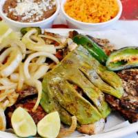 Pollo Al Carbon · Charbroiled chicken with rice and beans tortillas salsas Grilled Cactus. grilled onions and ...