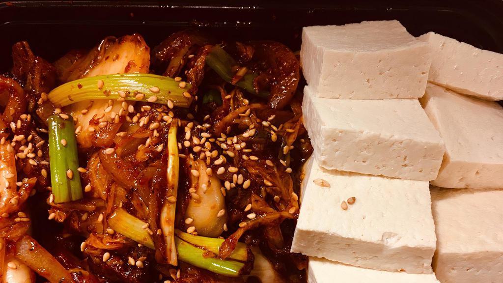 Tofu-Kimchee With Pork · Hot. Stir-fried kimchee and pork belly with vegetables and served with tofu.