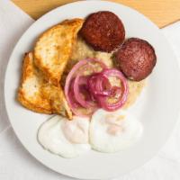 Tres Golpes · Two fried eggs or fried salami or fried cheese.