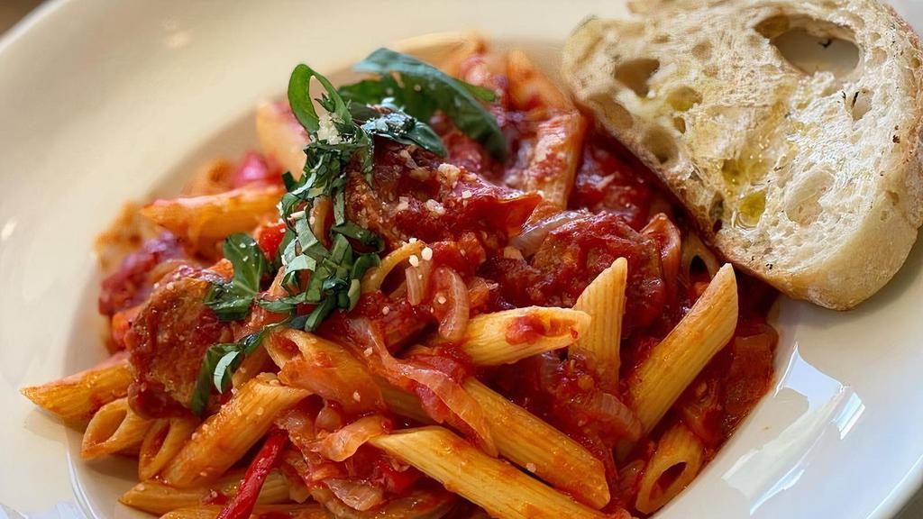 Penne Diavolo · Roasted Garlic, Fiery Tomato Sauce, Spicy Sausage, Bell Pepper, Red Onion