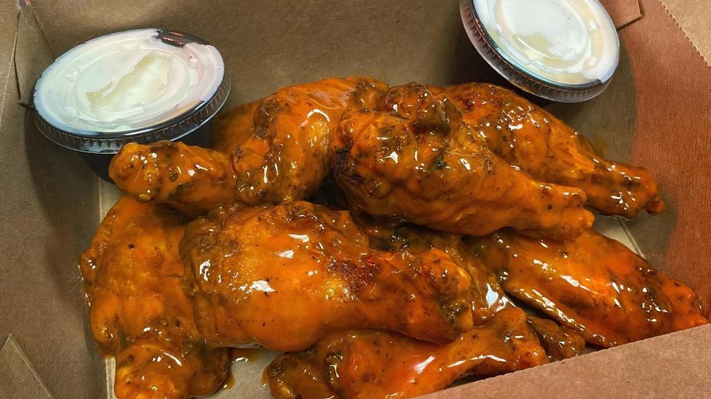 Chicken Wings · Marinate in the sauce or put on the side. Tons of sauces to choose from, from mild to hot as Texas on a summer day. Pick between our house-made ranch or blue cheese. All of our wings are fried hard (crispy).