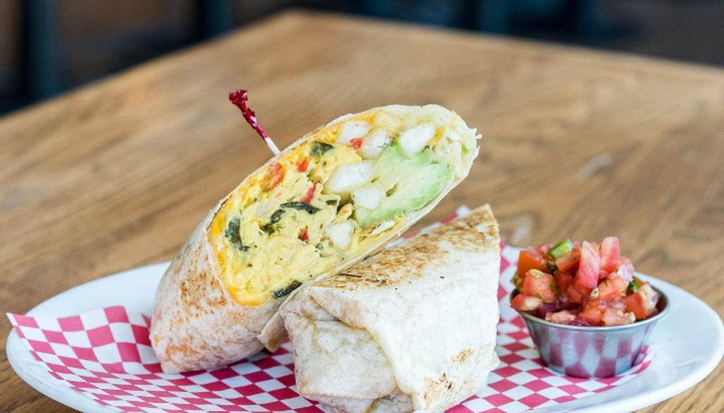 B'Fast Burrito · Chino Valley Ranch eggs, American cheese, hashbrowns, avocado, pico de gallo. Served with a side spicy mayo.