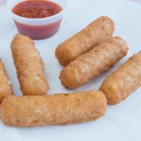 Mozzarella Sticks (6Pcs) · Deep-fried cheese sticks. Crispy on the outside, gooey on the inside. Served with a side of ...