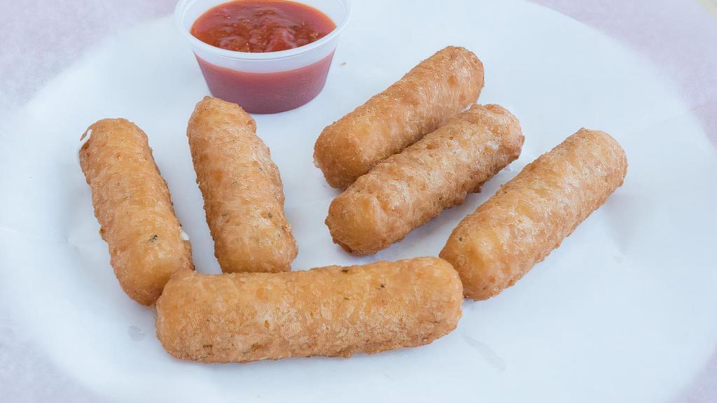 Mozzarella Sticks (6Pcs) · Deep-fried cheese sticks. Crispy on the outside, gooey on the inside. Served with a side of marinara sauce.