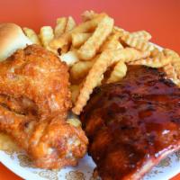 Chicken And Rib Combo Dinner · 2 pieces of juicy fresh chicken. 1/2 lb. tender meaty baby back ribs, small side order and d...