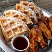 Wings & Waffles · Belgian waffle, six wings, butter, maple sriracha syrup