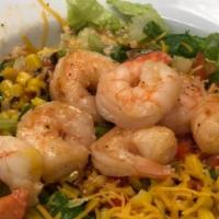 Shrimp Bowl · Gluten free. Rice and beans, lettuce, tomato, grilled corn, cheese, green sauce.