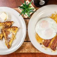 French Toast Combo · 2 eggs, hash browns, 2 bacon or 2 links, 3 French toast.