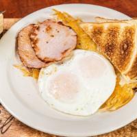 Canadian Bacon And Eggs · Two slices of Canadian bacon, 2 eggs, hash browns, 1 toast.