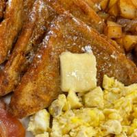 French Toast Plate · includes 2 eggs, choice of sausage or bacon, and 2 French toast pieces.