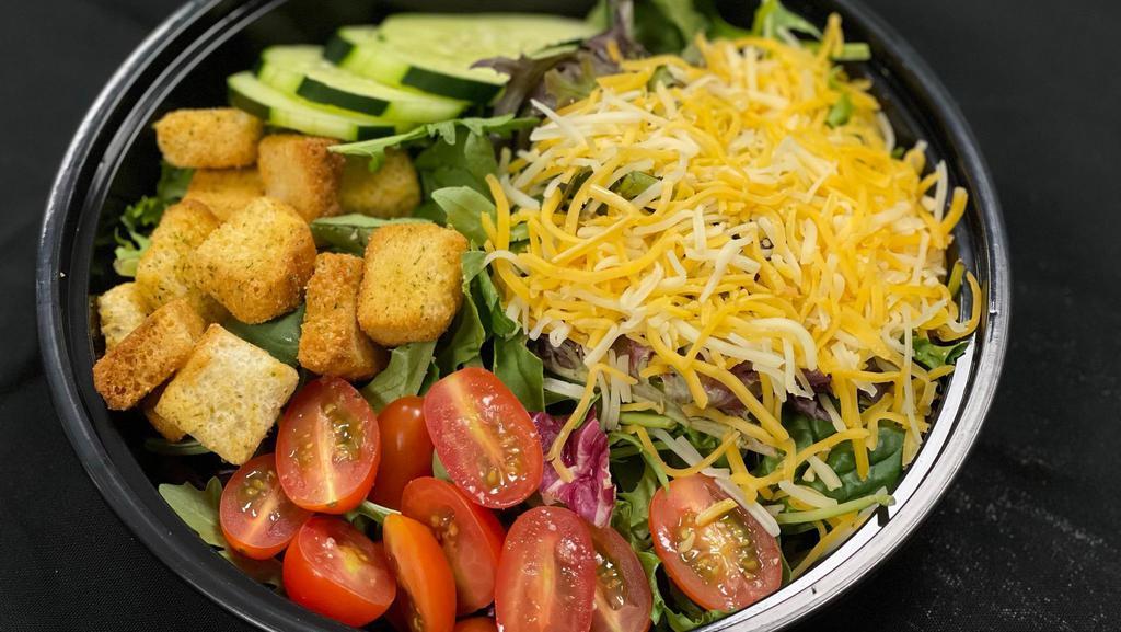 House Salad · Includes Mixed Greens, Tomatoes, Croutons, Cheese, choice of dressing and your choice of chicken.