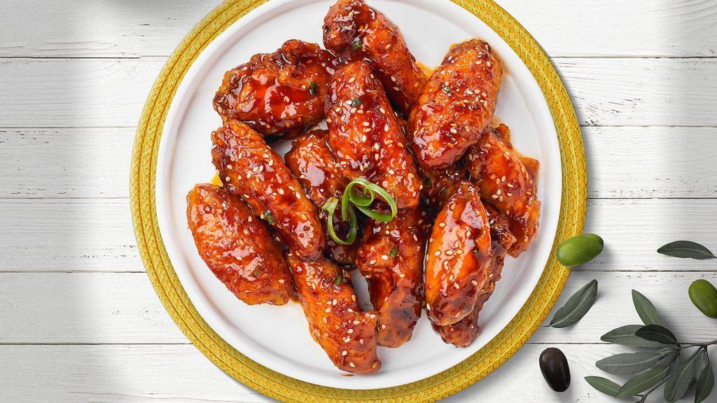 K'Idol Bbq Wings · Breaded or naked fresh chicken wings, fried until golden brown, and tossed in Korean BBQ sauce. Served with a side of ranch or bleu cheese.