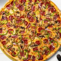 The Next Supreme Pizza · Pepperoni, sausage, mozzarella, bell peppers, mushrooms, onions, and olives baked on a hand-...