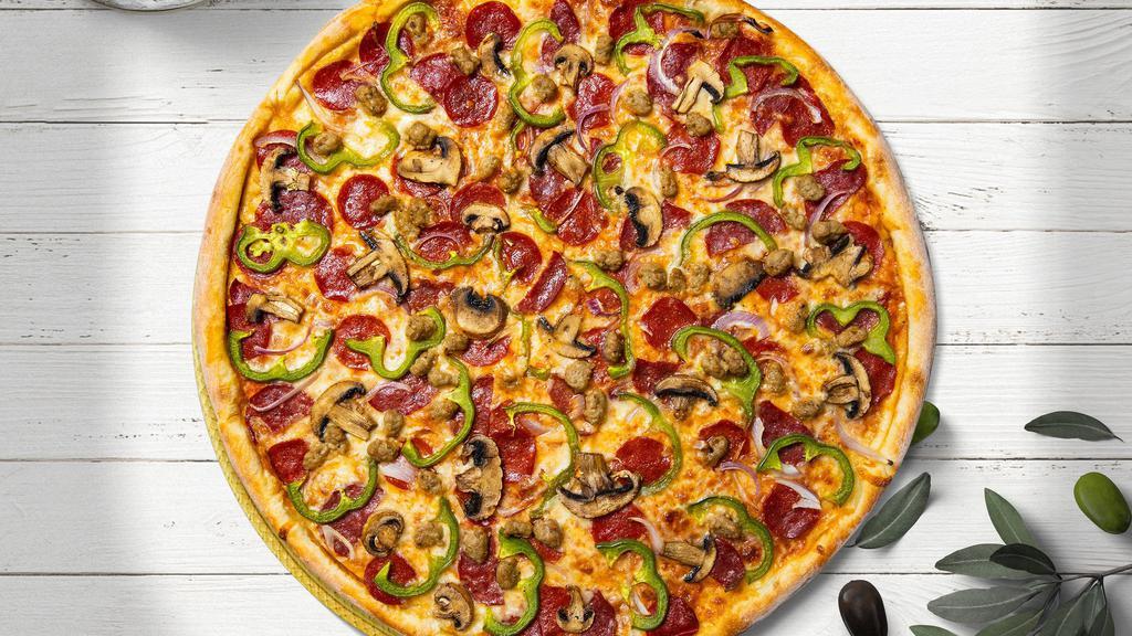 Locked And Loaded Pizza · Fresh mushrooms, green peppers, red onions, pepperoni, and fresh mozzarella baked on a hand-tossed dough.