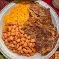 Carne Asada Lunch · Grilled steak with rice and whole pinto beans. Also comes with a side of fresh corn tortilla...