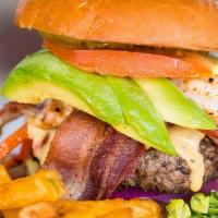 Surf & Turf Burger · Shrimp sautéed in our salsa with fajita mix, Bacon, Avocado, and lettuce on our fresh, free ...