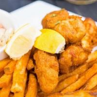 Fish & Chips · Beer battered white fish, coleslaw and fries served with house made tarter sauce