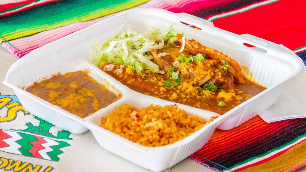 Combo 2-Cheese Enchilada & Red Beef Tamale · Served with rice and beans.