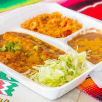 Combo 10-(2) Red Or Green Enchiladas · Served with rice and beans.