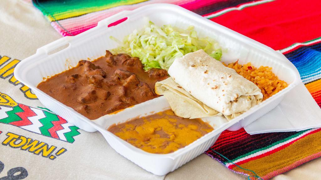 Combo 4- Red Of Green Chile · Served with rice, beans and one flour tortilla.