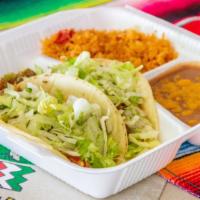 Combo 7- (2) Soft Tacos · Served with rice and beans. With your choice of soft tacos.