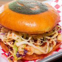 Bbq Pulled Pork · Pineapple and ancho chile braised and Pork, White Cheddar Cheeze, House made Cabbage Slaw, P...