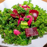 Kale And Beets Salad (V) · Kale, beets, pickled red onion, almond silvers, herbed olive oil, red wine vinegar