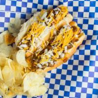 Griff'S Dogs · Two beef hot dogs with chili, cheese, onions, and mustard served with chips