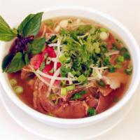 Pho Tai, Chin Pho · Eye of round steak and well-done lean brisket. Rice noodles in a hearty beef broth topped wi...