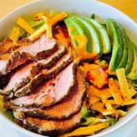 Santa Fe Steak Salad · Roasted & sliced marinated grass-fed beef sirloin, Anaheim chiles, corn, avocado, black bean...