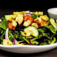 Large House Salad · Mixed field greens with cucumber, red onion, tomato, crushed garlic croutons and your choice...
