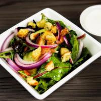 Side House Salad · Mixed field greens with cucumber, red onion, tomato, crushed garlic croutons and your choice...