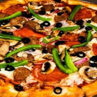 Supreme Pizza · Pepperoni, sausage, black olives, green peppers, wild mushrooms and red onions with our sign...