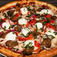 Don Corleone Pizza · Crumbled all-beef meatball, red onion, roasted red peppers, ricotta and basil with our signa...