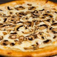 Mushroom White Pie · Wild mushrooms, garlic and our signature white sauce (Can be made Vegan with red sauce and V...