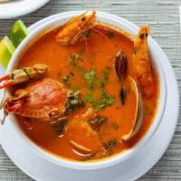 Sopa De Mariscos · SALVADORAN STYLE SEAFOOD SOUP, WITH CLAMS, MUSSELS, MARYLAND BLUE CRAB, JUMBO SHRIMP, AND TW...