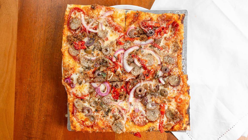 Supreme Pizza · Marinara, pepperoni, mild sausage, ground meatball, red onion, roasted red peppers, black olives, mozzarella, provolone, Romano, and oregano.