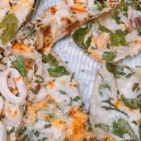 Seafood Lovers Pizza · Roasted garlic cream, basil, spinach, shrimp, crab, calamari, mozzarella, provolone and ched...